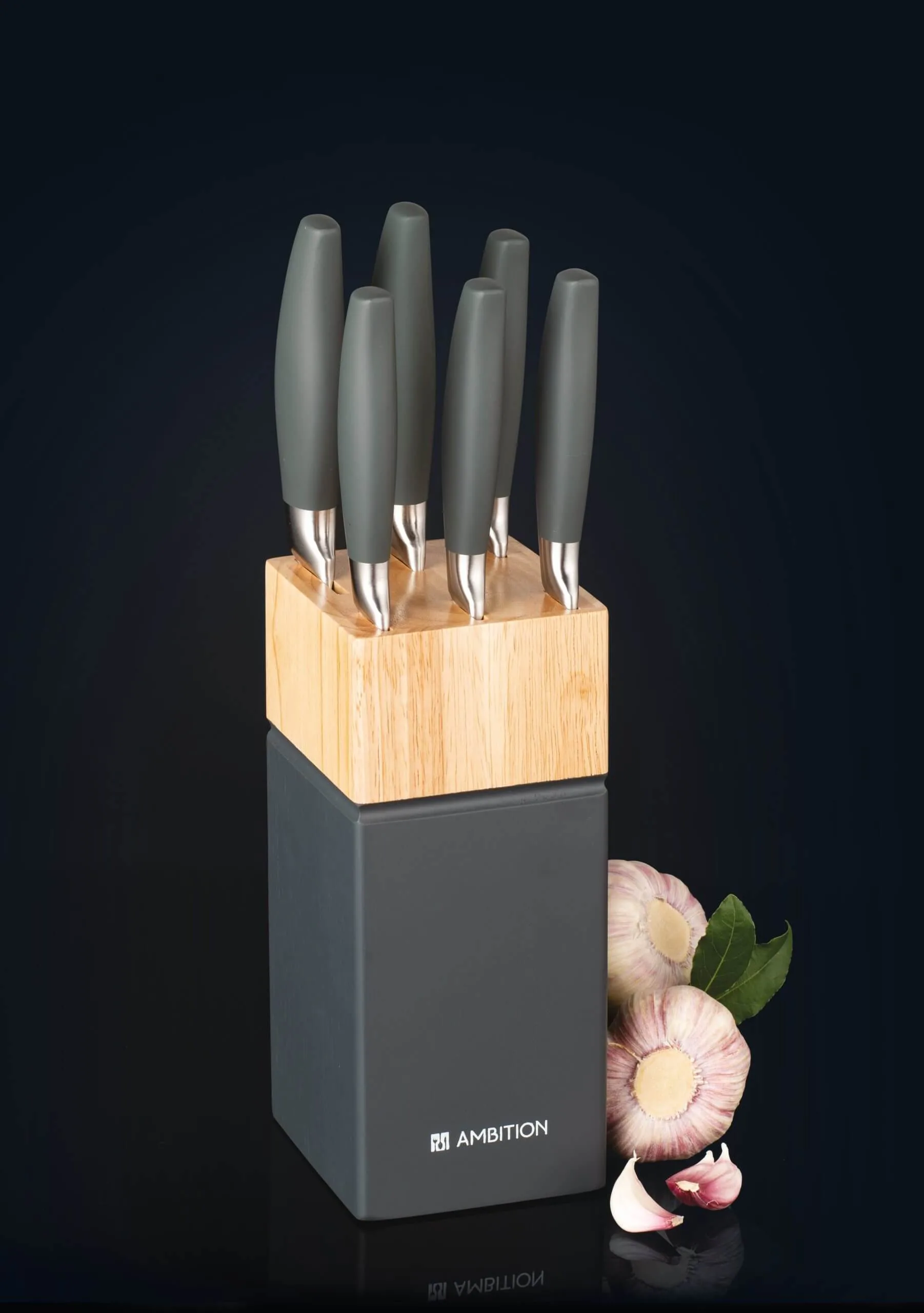 knife block set 7-piece grey Silvery AMBITION
