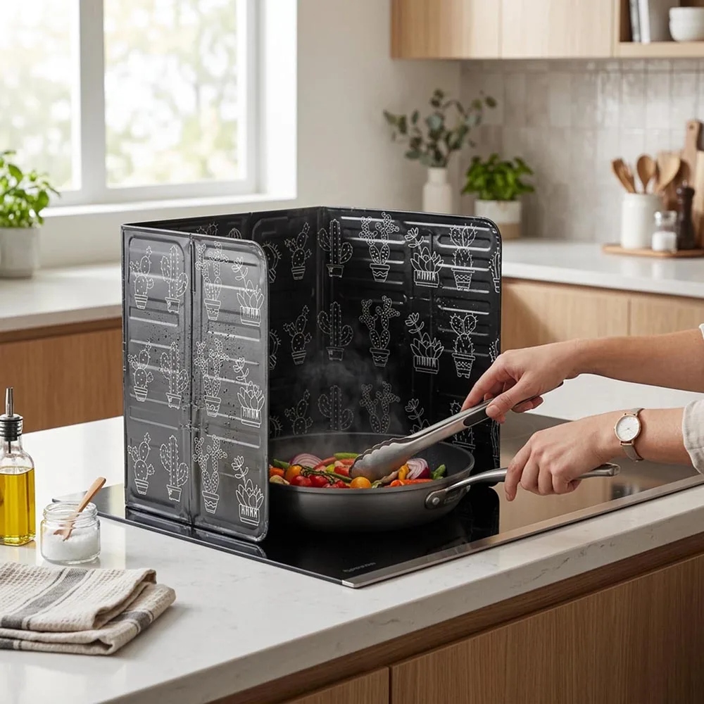 Foldable aluminium stovtop splash guard, 84×32.5cm